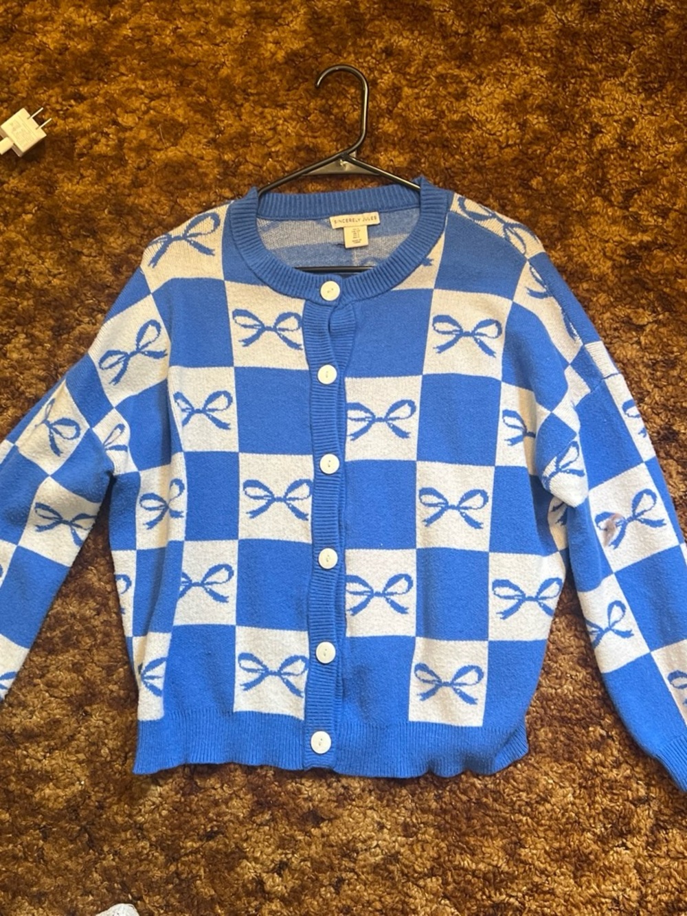 Sincerely Jules Blue and Cream Checkerboard Bow Cardigan